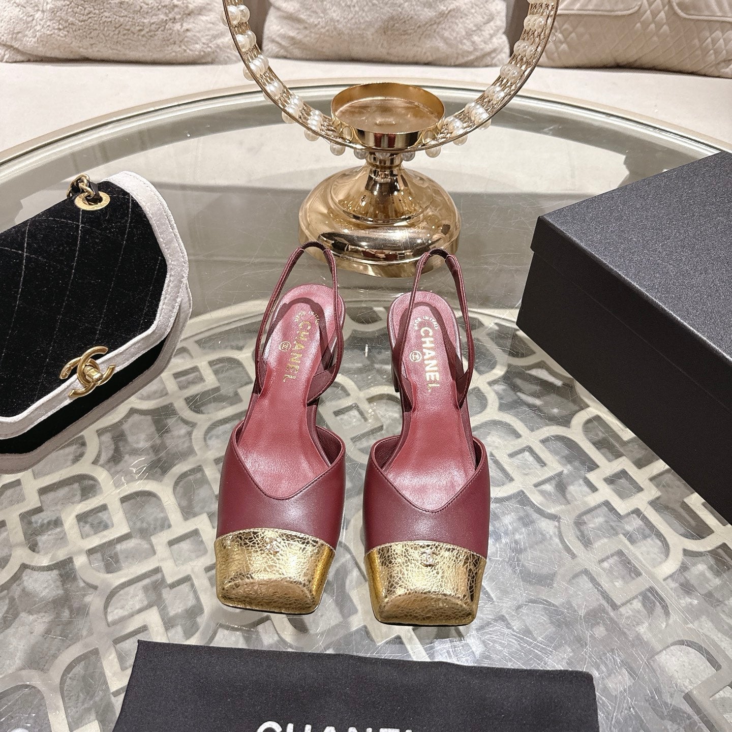 CC 26s Square-Toe High-Heeled Slingbacks 6cm Burgundy Gold Leather 736098