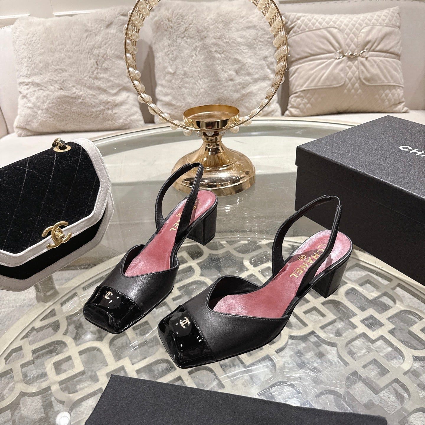 CC 26s Square-Toe High-Heeled Slingbacks 6cm Black Leather 736099