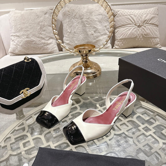 CC 26s Square-Toe High-Heeled Slingbacks 6cm Black White Leather 736104