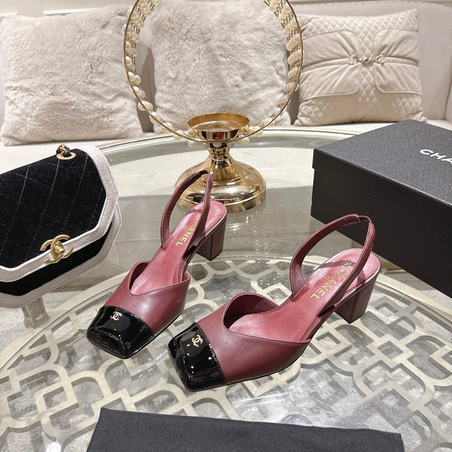 CC 26s Square-Toe High-Heeled Slingbacks 6cm Black Burgundy Leather 736105