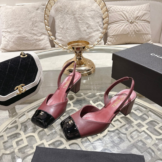 CC 26s Square-Toe High-Heeled Slingbacks 6cm Black Burgundy Leather 736105