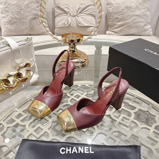 CC 26s Square-Toe High-Heeled Slingbacks 9cm Gold Burgundy Leather 736109