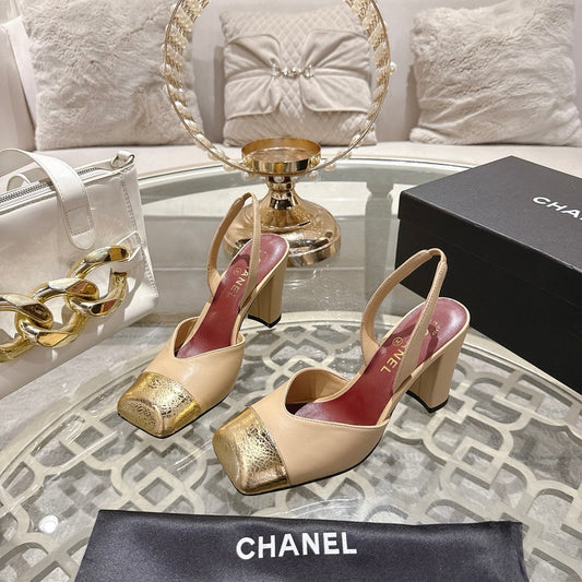CC 26s Square-Toe High-Heeled Slingbacks 9cm Beige Gold Leather 736111