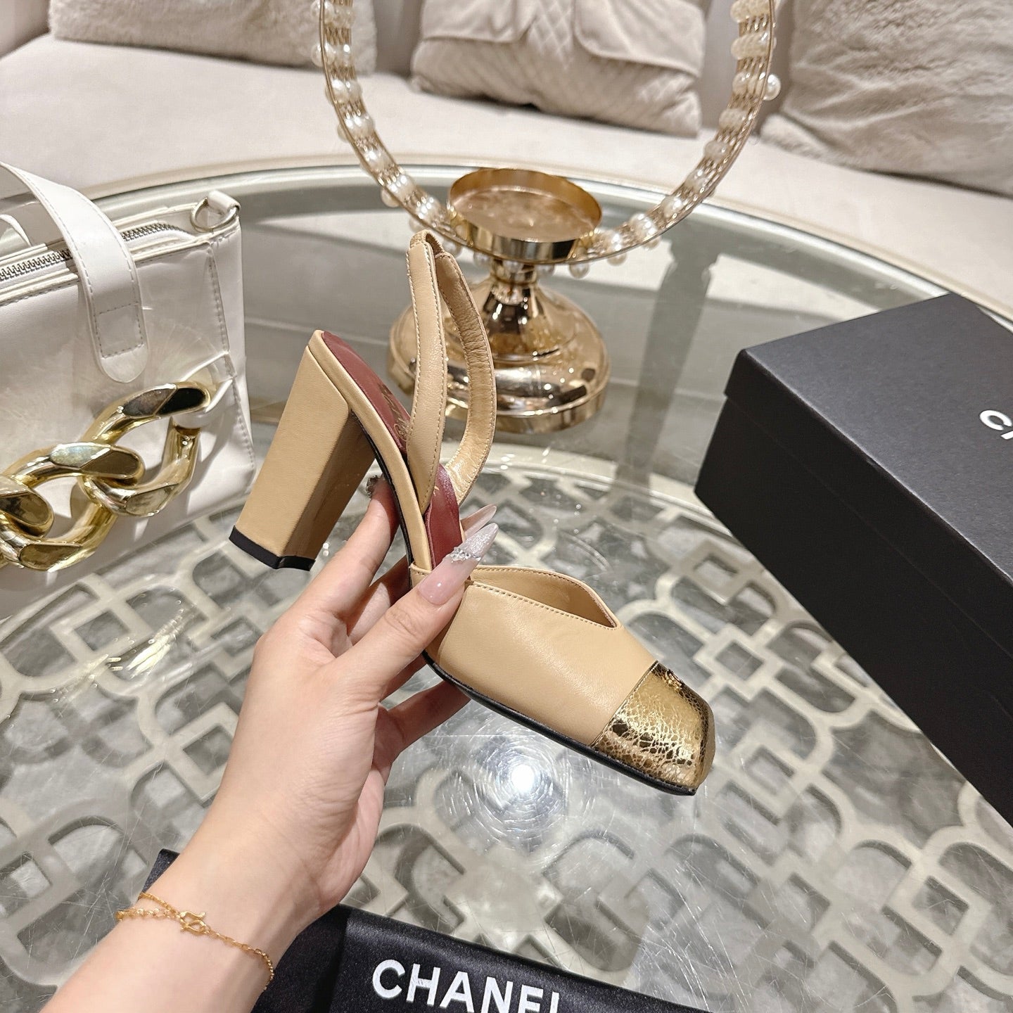 CC 26s Square-Toe High-Heeled Slingbacks 9cm Beige Gold Leather 736111