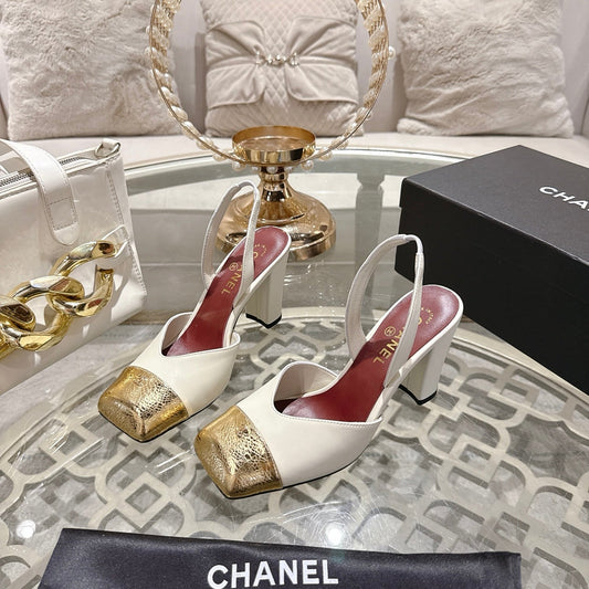 CC 26s Square-Toe High-Heeled Slingbacks 9cm White Gold Leather 736112
