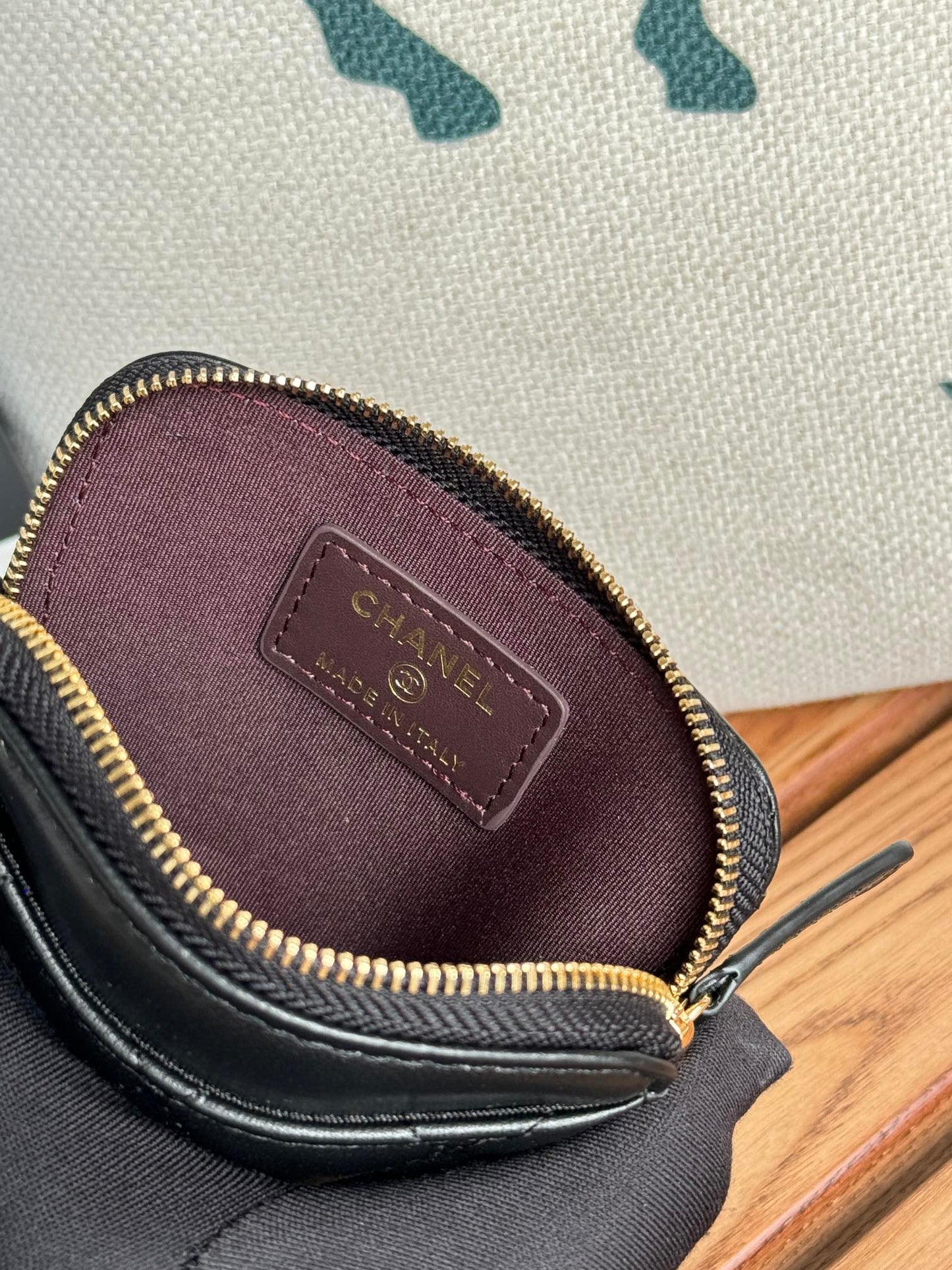 CC Zip Card Holder Wallet Black Gold Metal Lamskin 240617