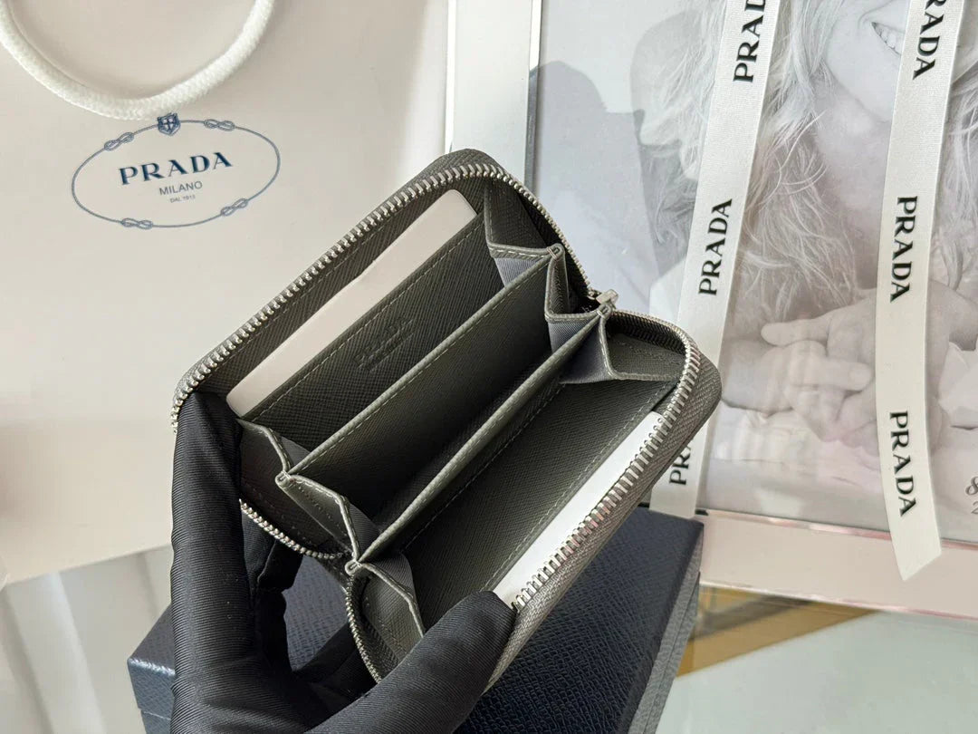Prada 2026 Cardholder Zipper Bag 10cm Logo Silver Calfskin