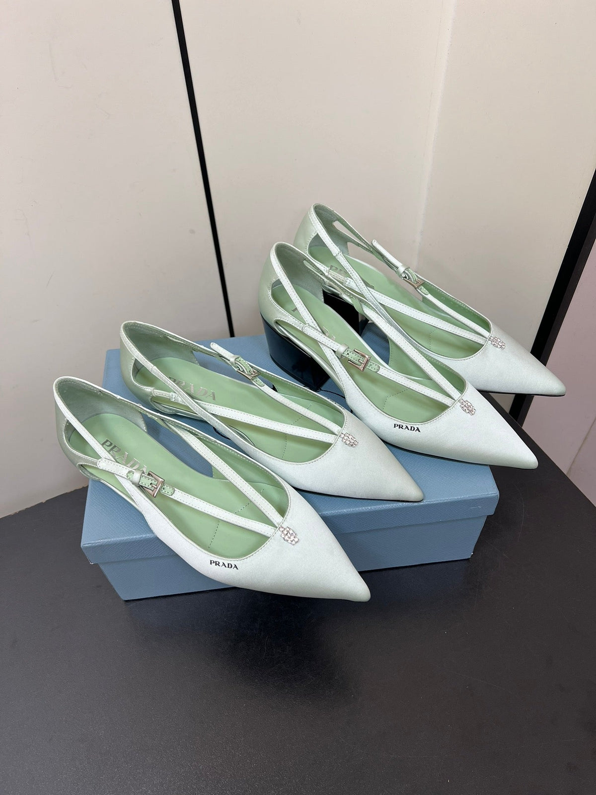 CUT-OUT BALLERINA FLAT IN CHETWODE GREEN SATIN ATTACHED BEAD BUCKLE