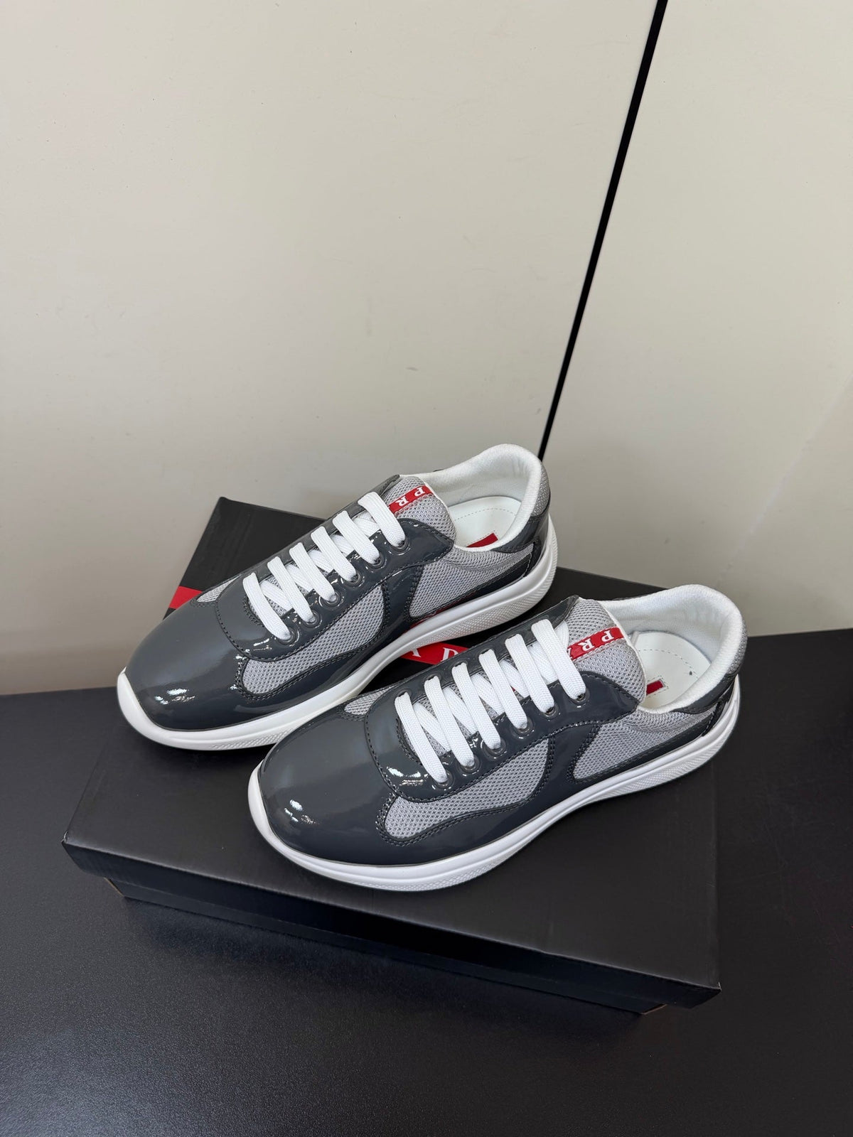 Prada America's Cup Sneaker Dark Grey White Patent Leather Mesh 618928