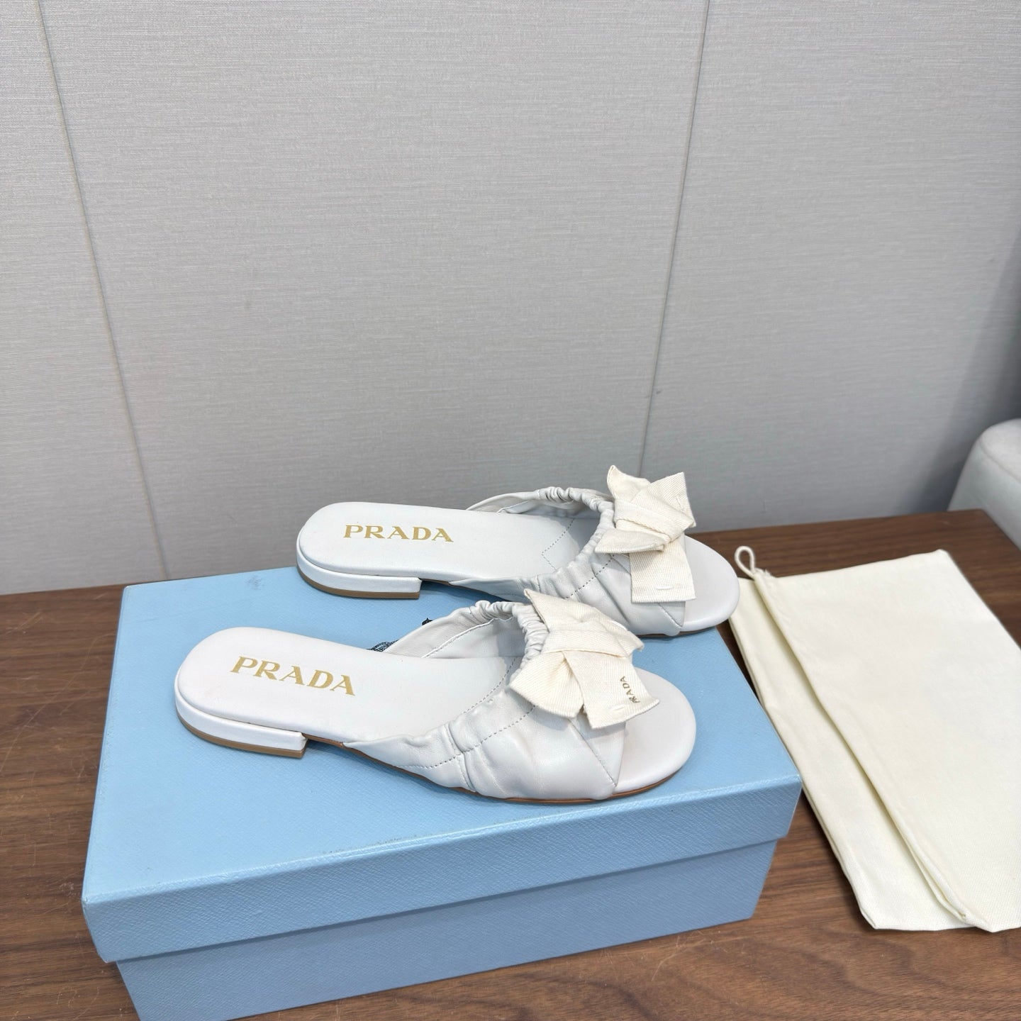 Prada Bow Slide Sandals White Sheepskin 836555