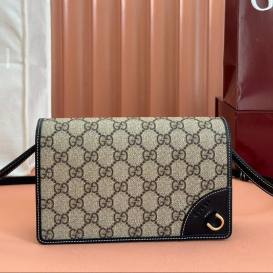 Gucci Emblem Mini Shoulder Bag Beige Blue Canvas Leather 244492