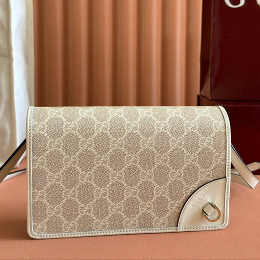 Gucci Emblem Mini Shoulder Bag Beige Green Canvas Leather 244543