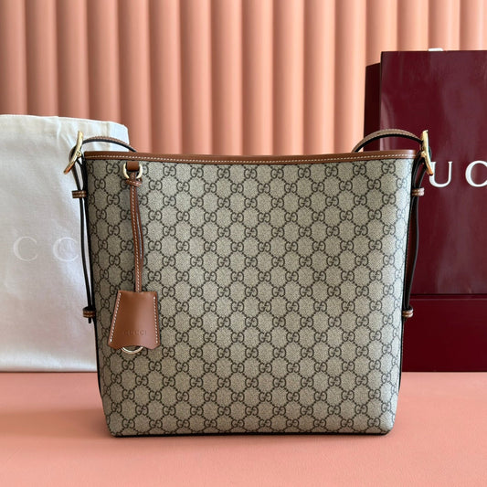 GG Emblem Medium Shoulder Bag 30.5 Beige & Dark Brown Fabric