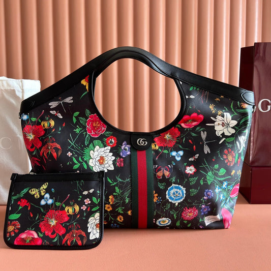 GG 26 Giglio Flora Large Tote Bag 60cm Black Canvas 292578