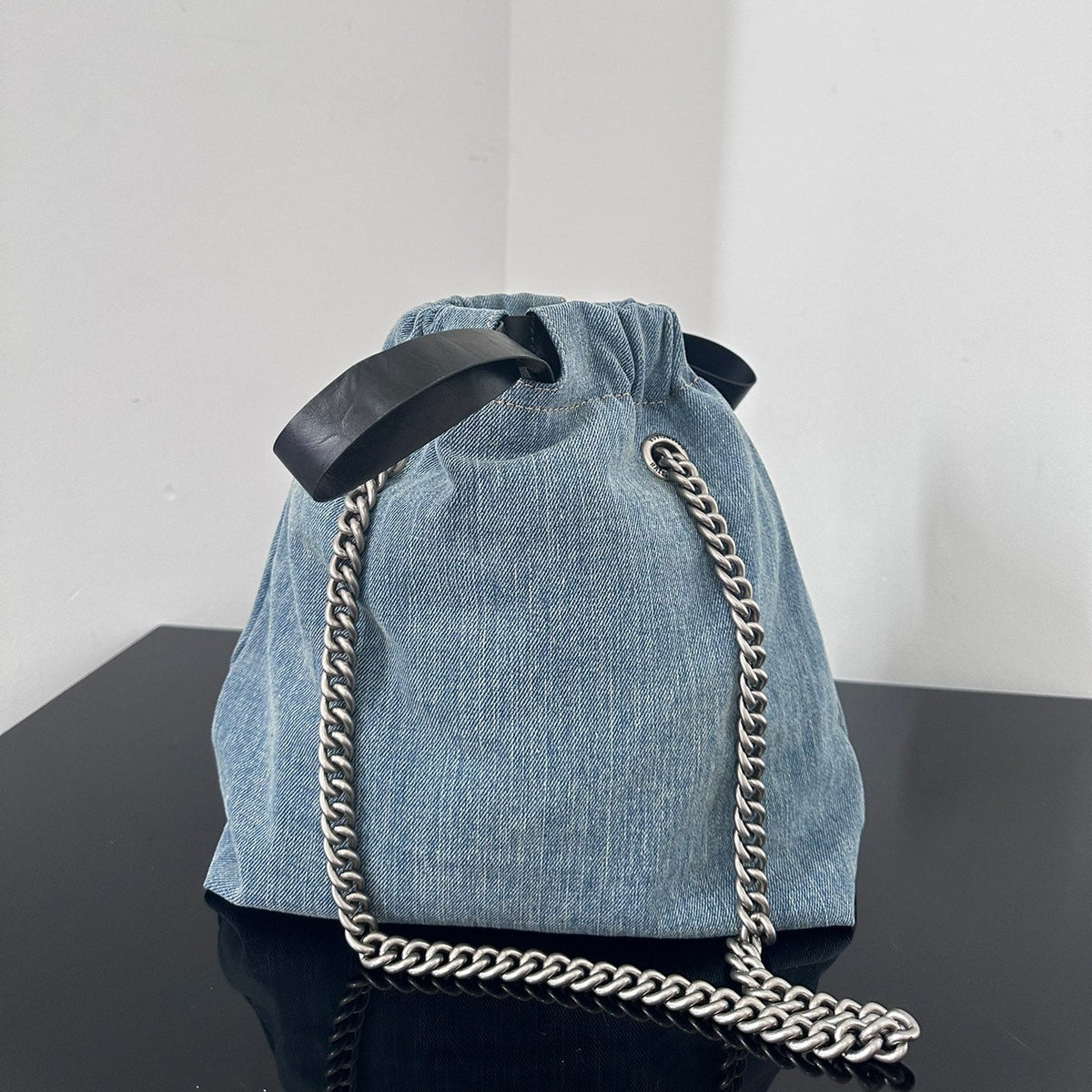 CRUSH SMALL TOTE BAG 26 IN BLUE WASHED DENIM SILVER HARDWARE