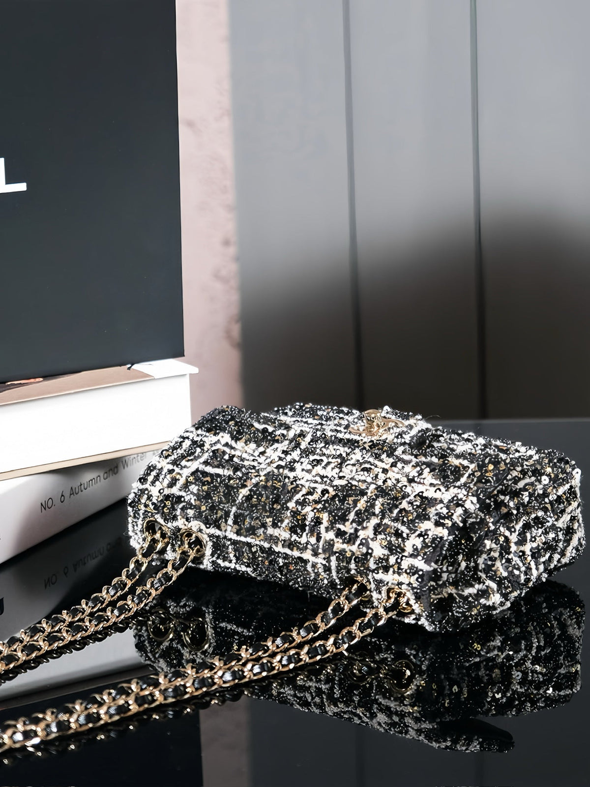 24S Flap Bag 20cm Black White Sequin Calfskin