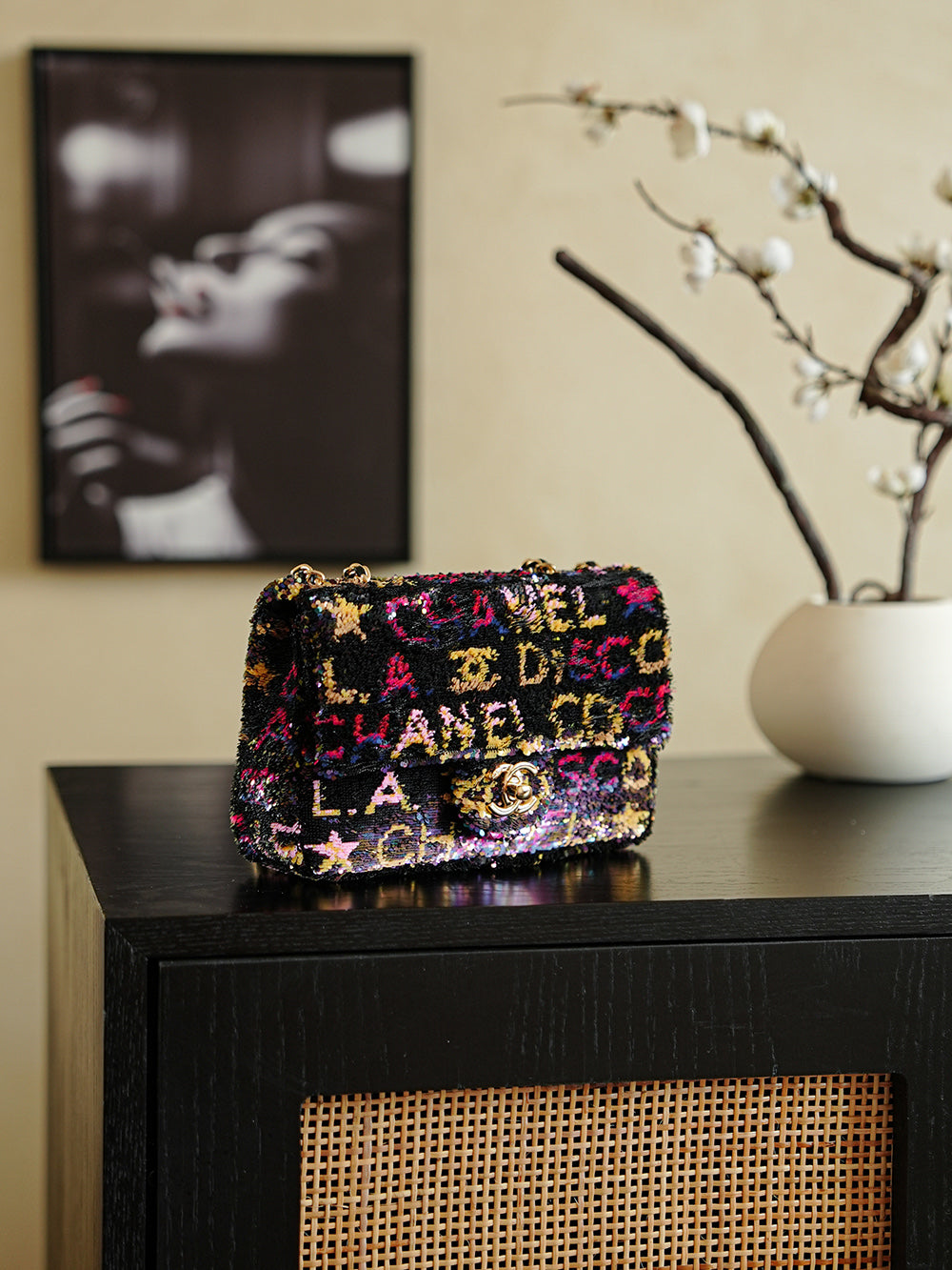 CC 2025 Flap Bag 21cm Black Mix Colors Sequin 308603