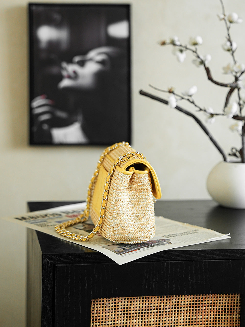 CC 25/26 Smal Flap Bag 23cm Beige Yellow Straw Lambskin