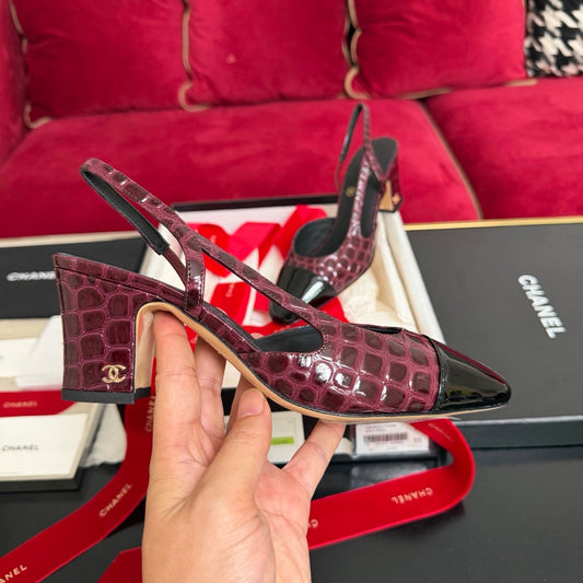 CC 26s Slingback Burgundy Black Glossy Crocodile Embossed Leather 901102