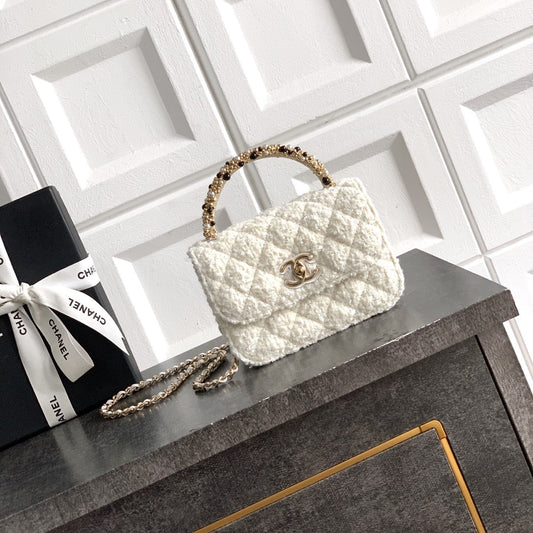 CC Mini Flap Bag 15 With Handle White Tweed