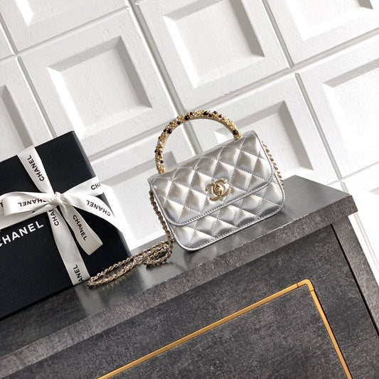 CC Mini Flap Bag 15 With Handle Sliver Metalic Lambskin