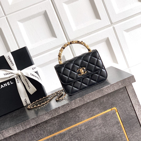 CC Mini Flap Bag 15 With Handle Black Lambskin