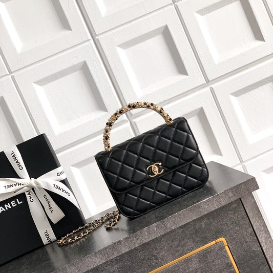 CC Mini Flap Bag 17.5 With Handle Black Lambskin
