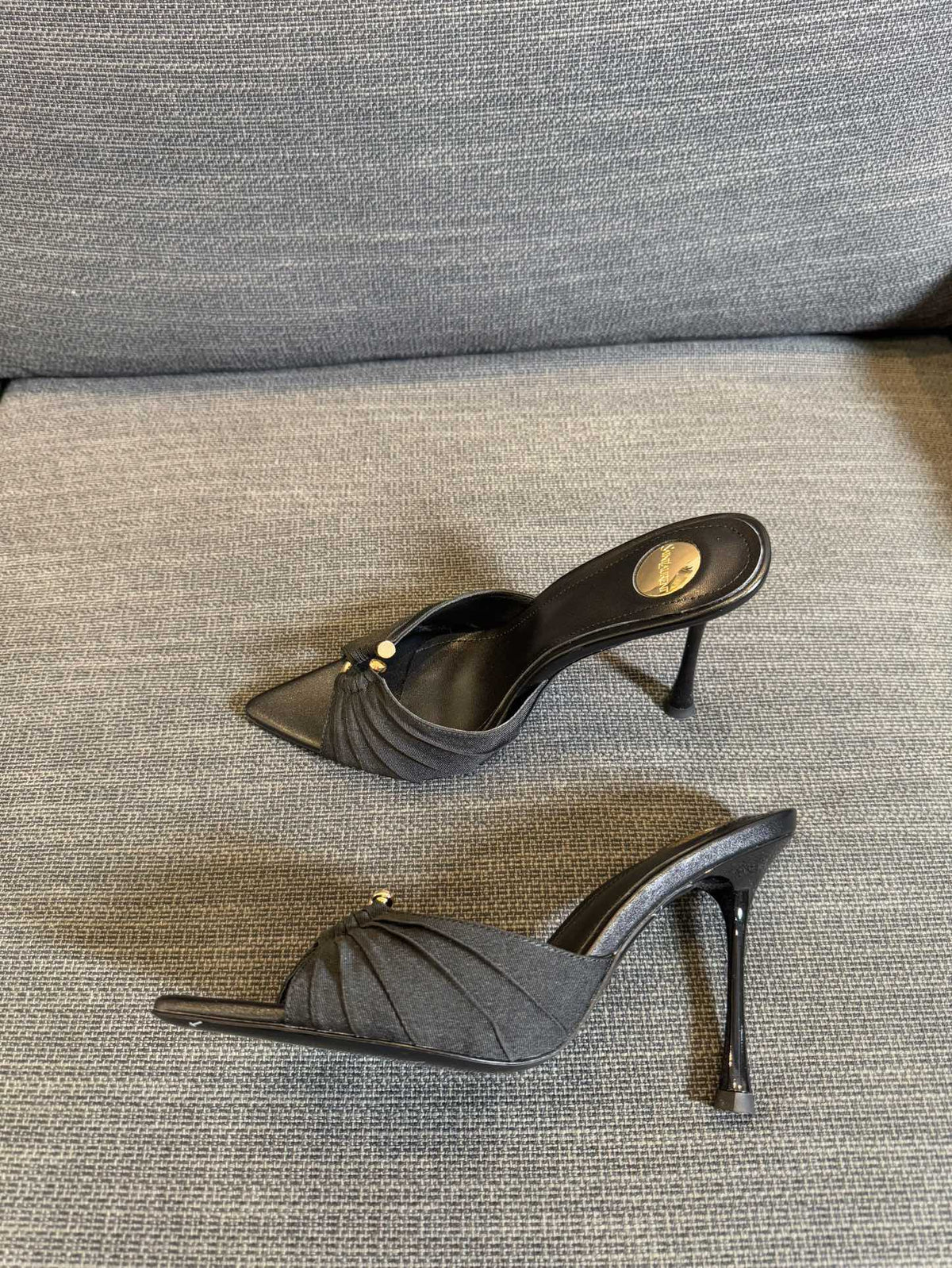 LOLA HIGH MULES IN BLACK SMOOTH LAMBSKIN AND DRAPED JERSEY