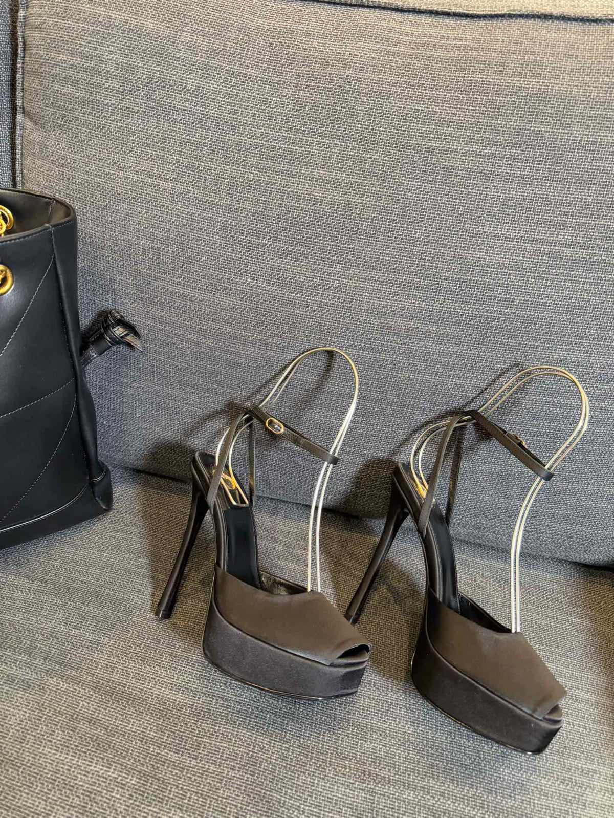 LA SCANDALE PLATFORM SANDALS IN TAUPE BROWN SATIN