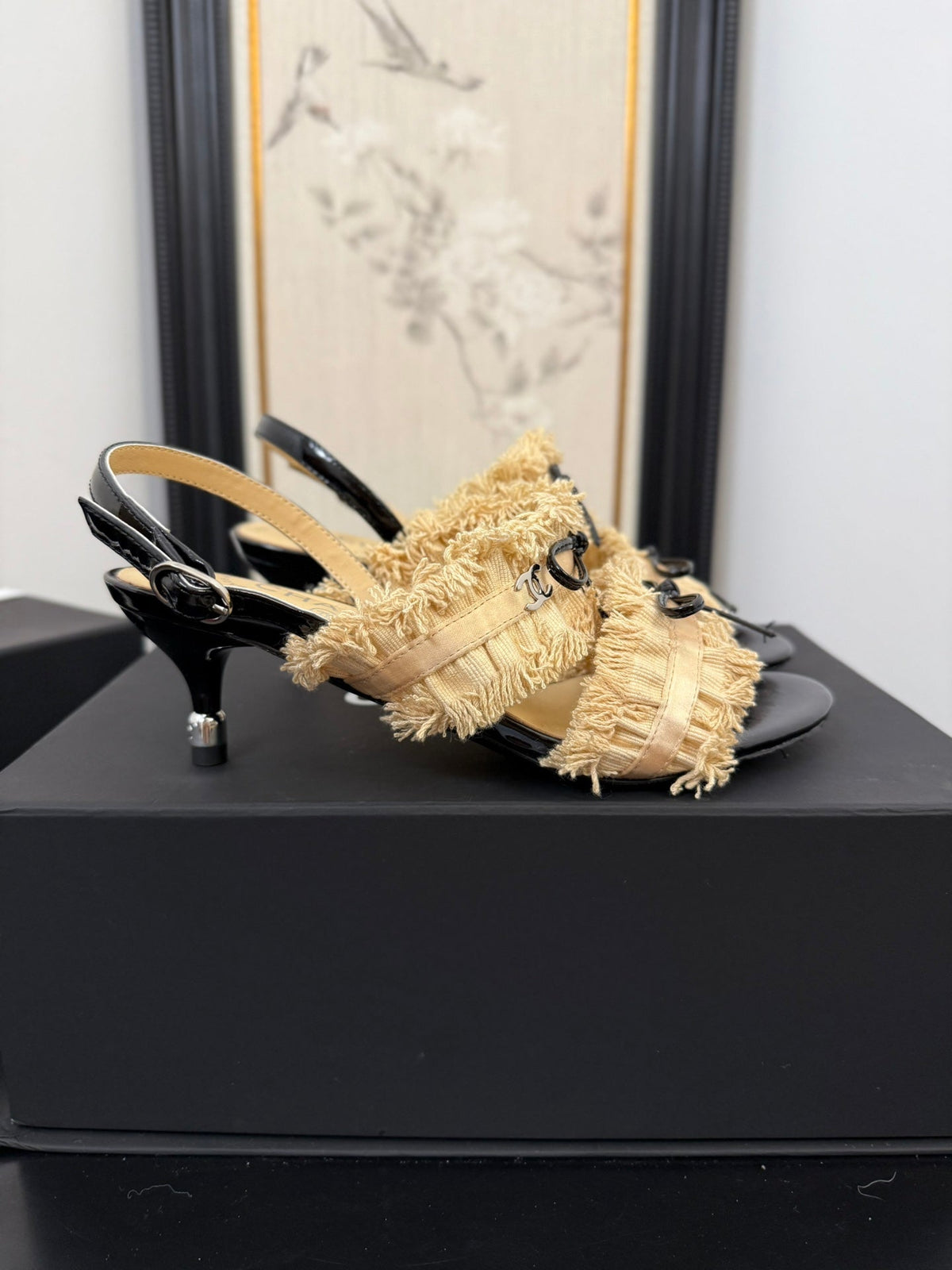 cc25 slingback sandal ̣65mm bow black grosgrain gold canvas 233590