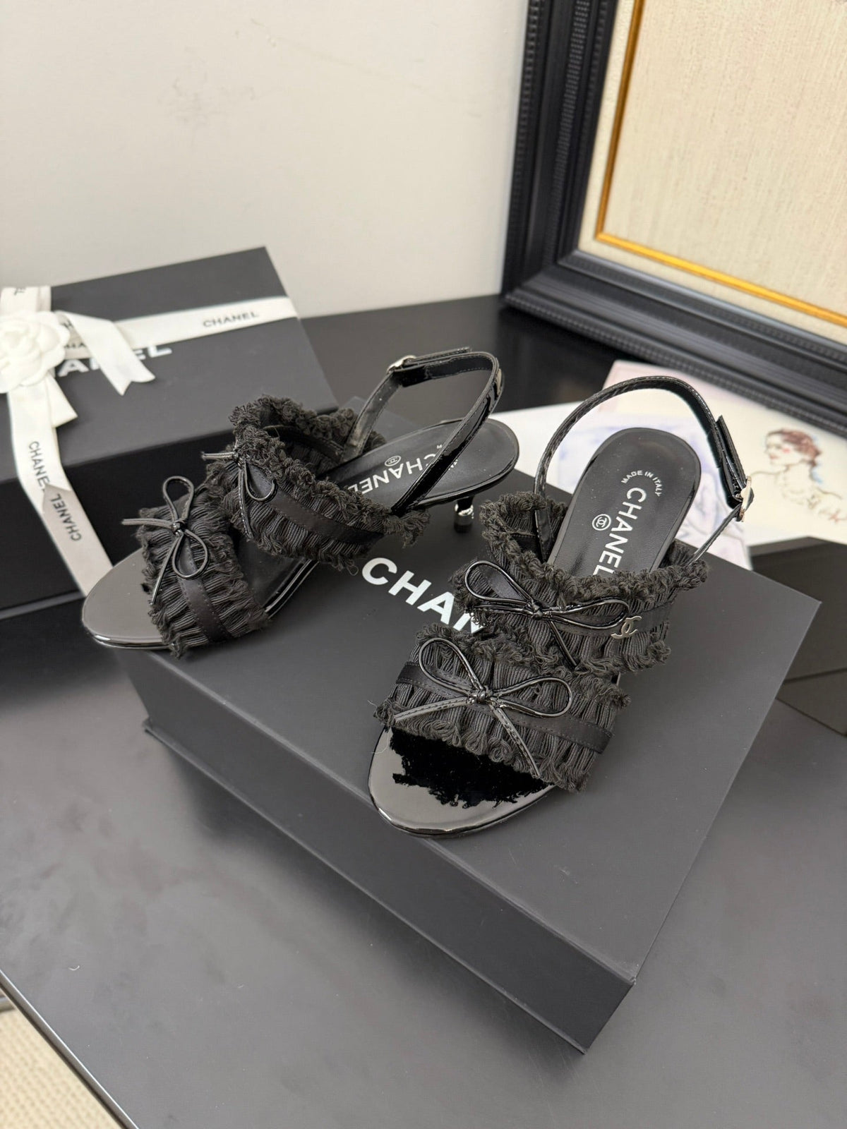 cc25 slingback sandal ̣65mm bow black grosgrain canvas 233592