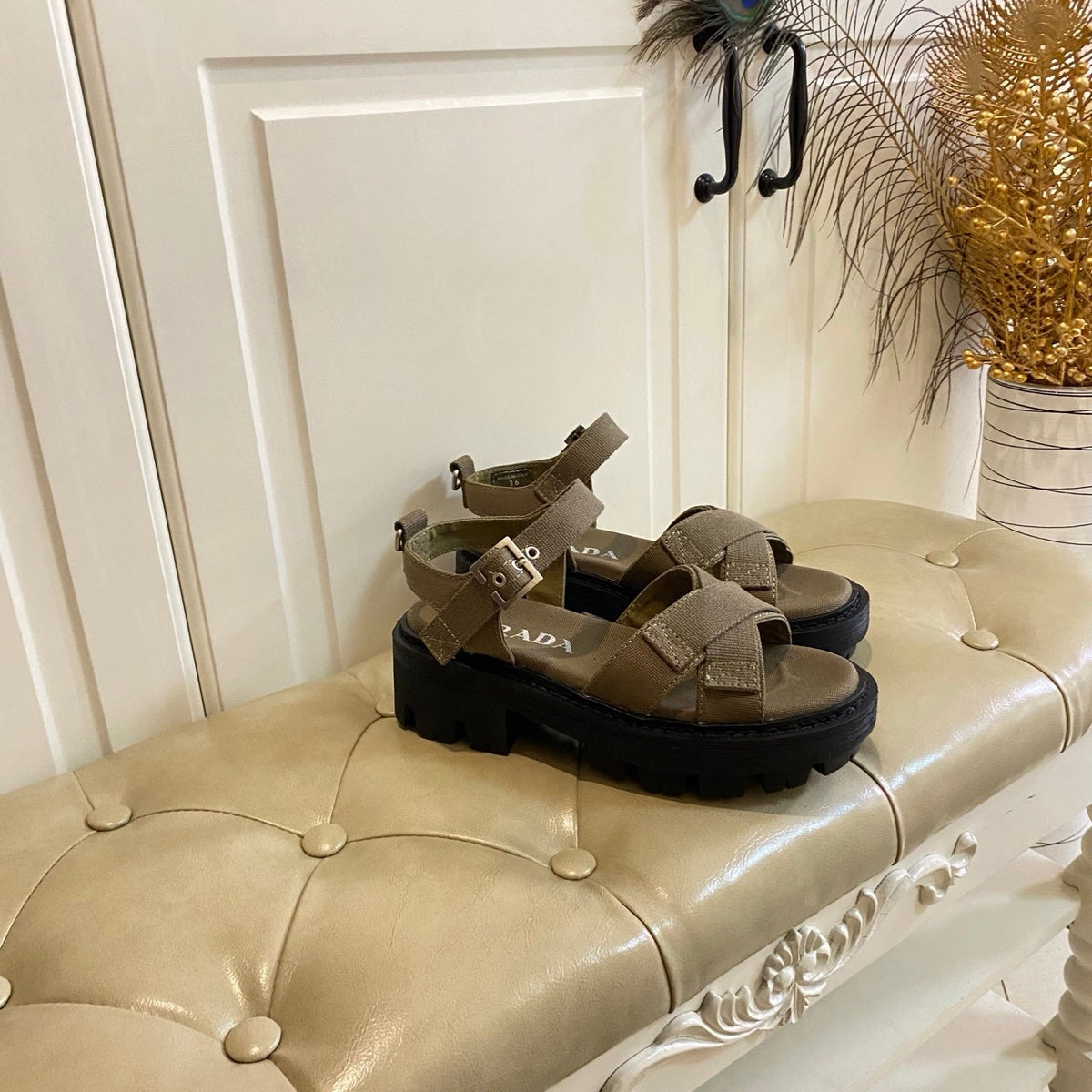 Prada Criss-Cross Sandal Military Green Canvas 687804