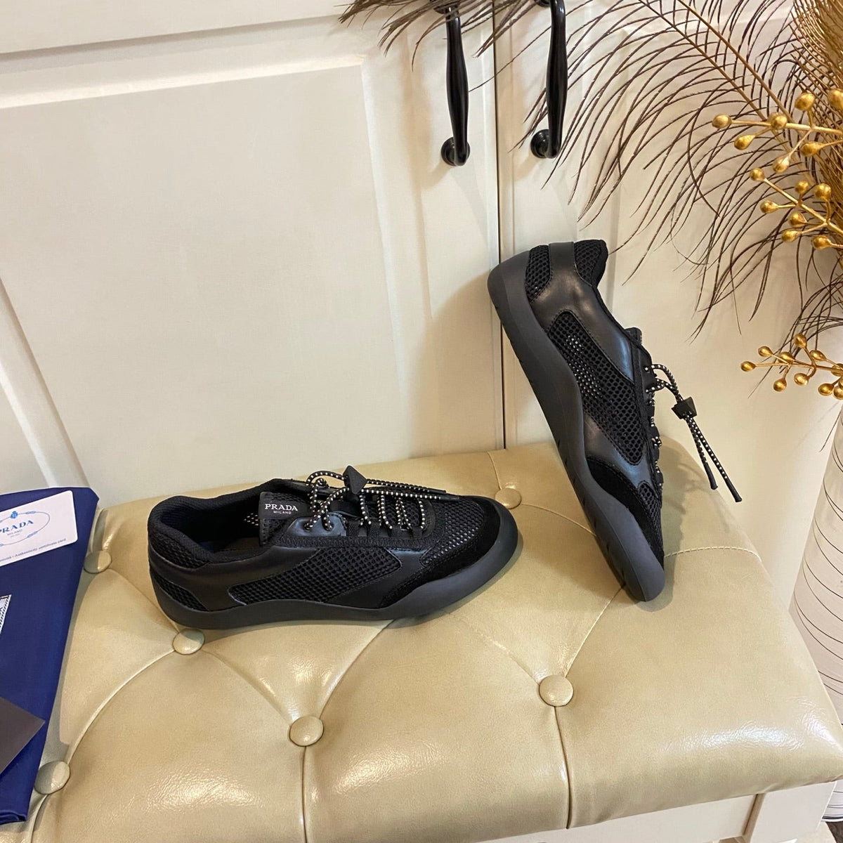 Prada 26s Lace Up Sneakers Chunky Sole In Black Tech Fabric And Mesh