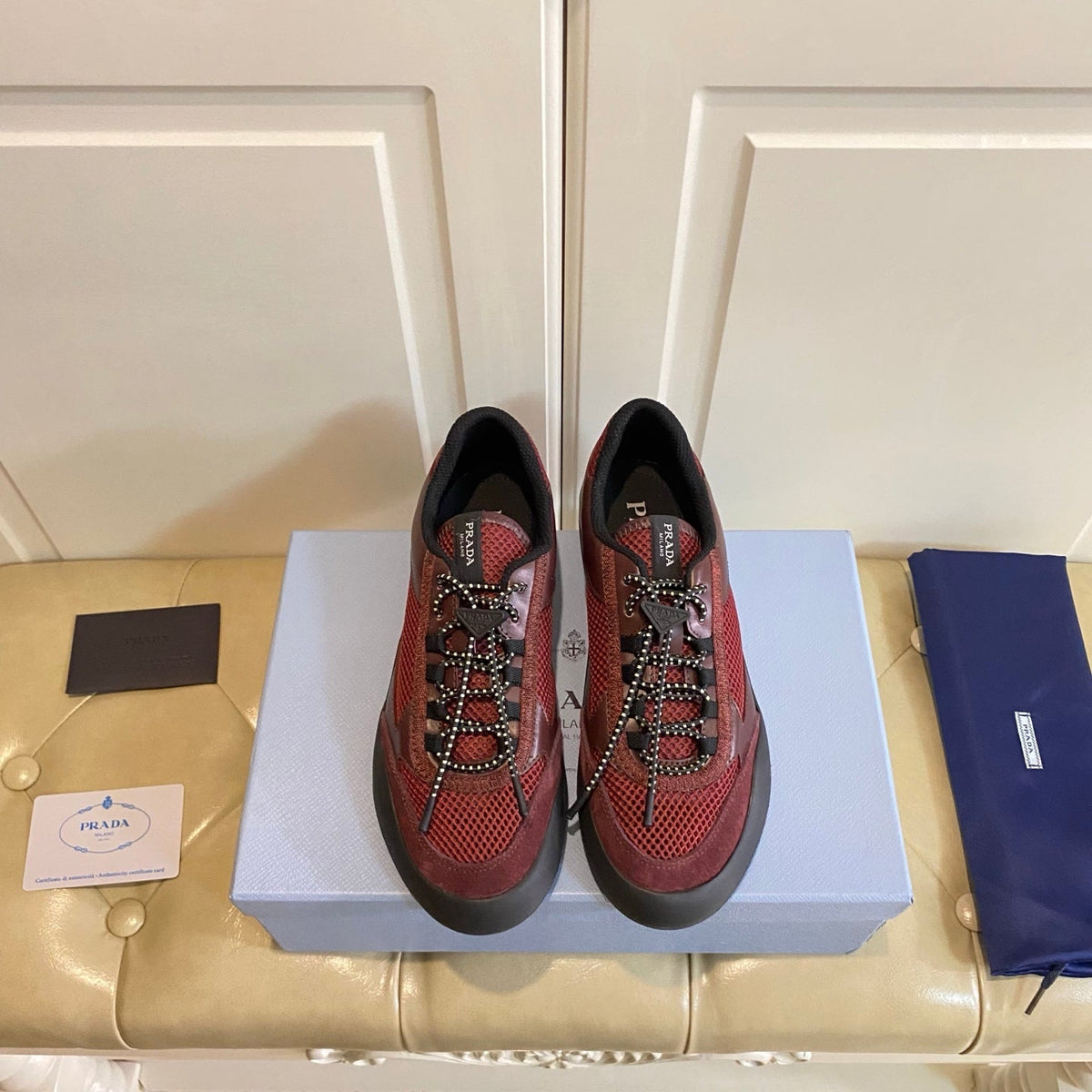 Prada 26s Lace Up Sneakers Chunky Sole In Red Tech Fabric And Mesh