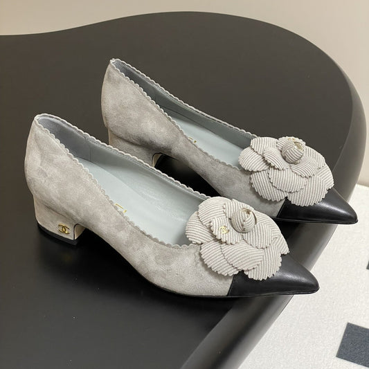 CC 25C Classic Camellia Pointed High Heels Pump 35mm Grey Suede 247611