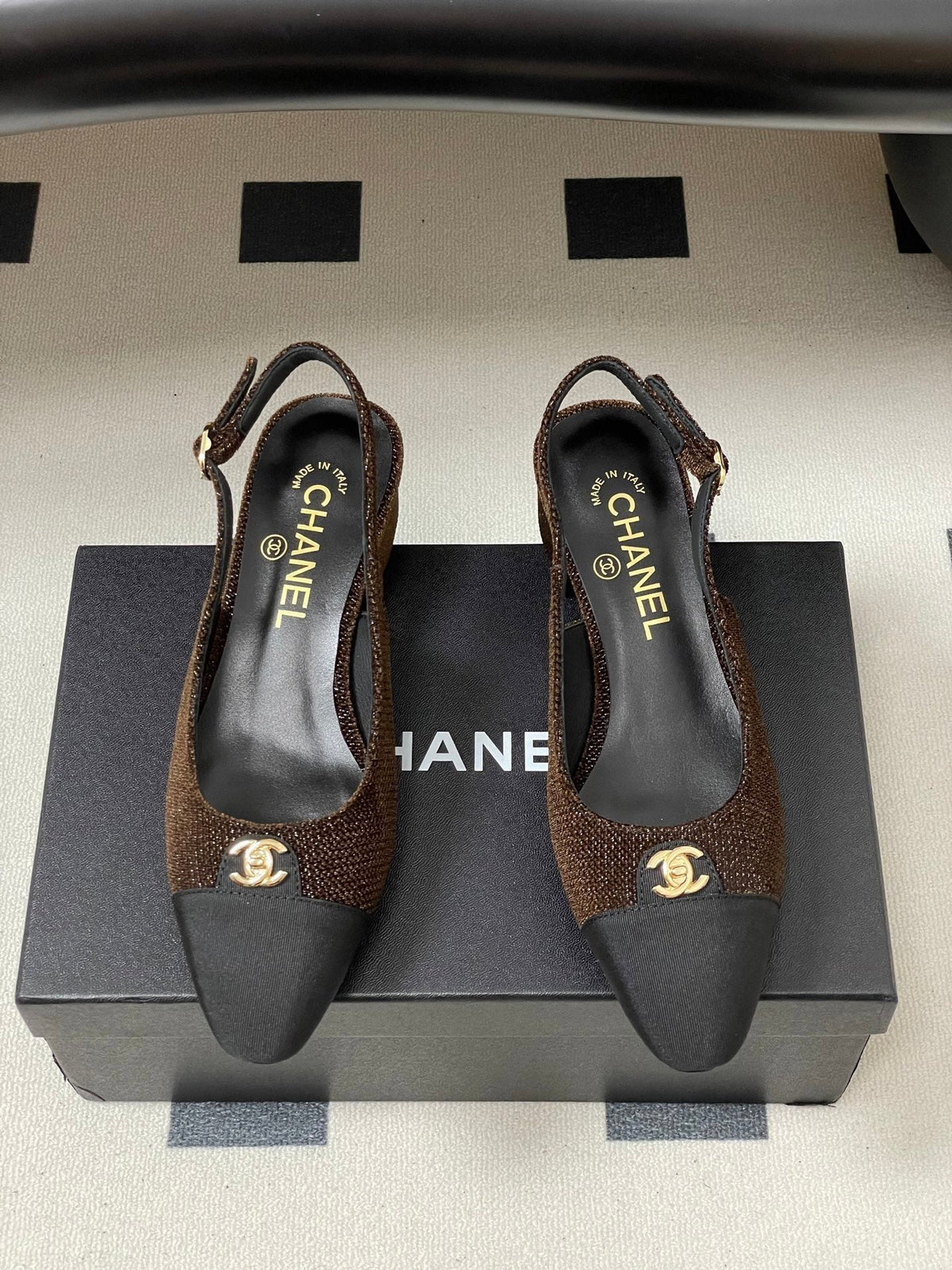 Chanel 25 Slingback Black Brown Lambskin Fabric 473210