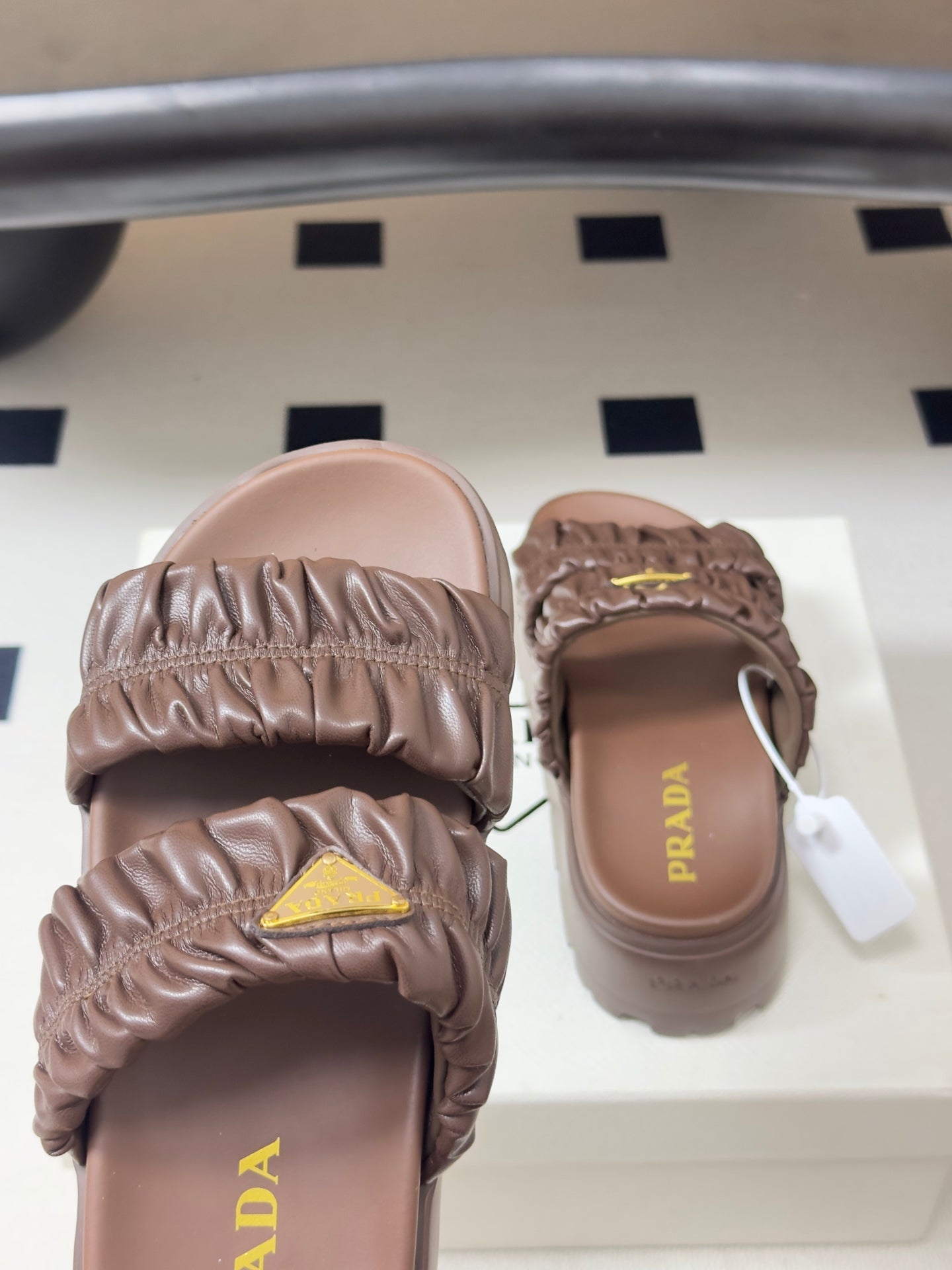 Prada 26s Flatform Slides Brown Matelassé Leather 834767.