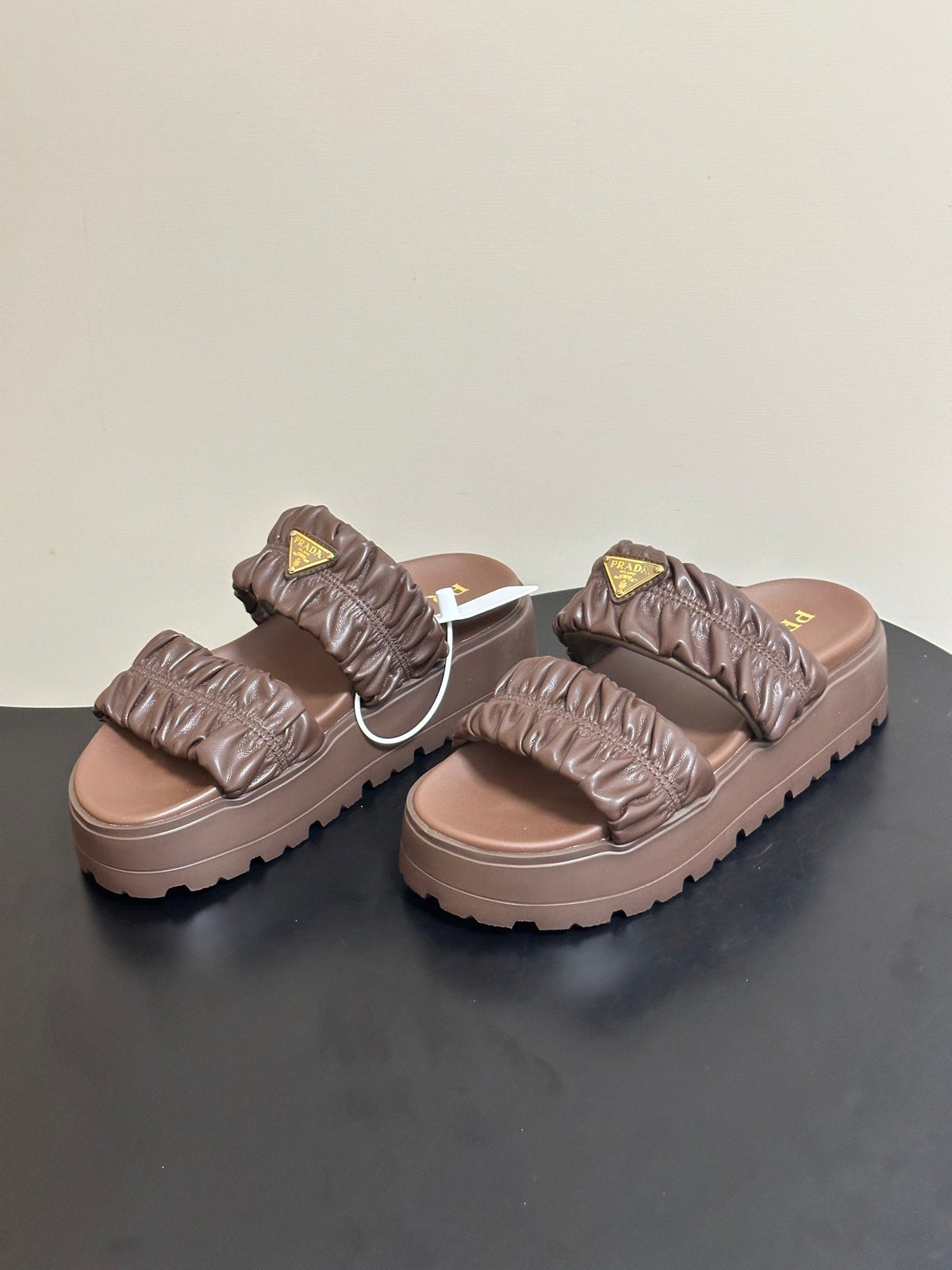 Prada 26s Flatform Slides Brown Matelassé Leather 834767.