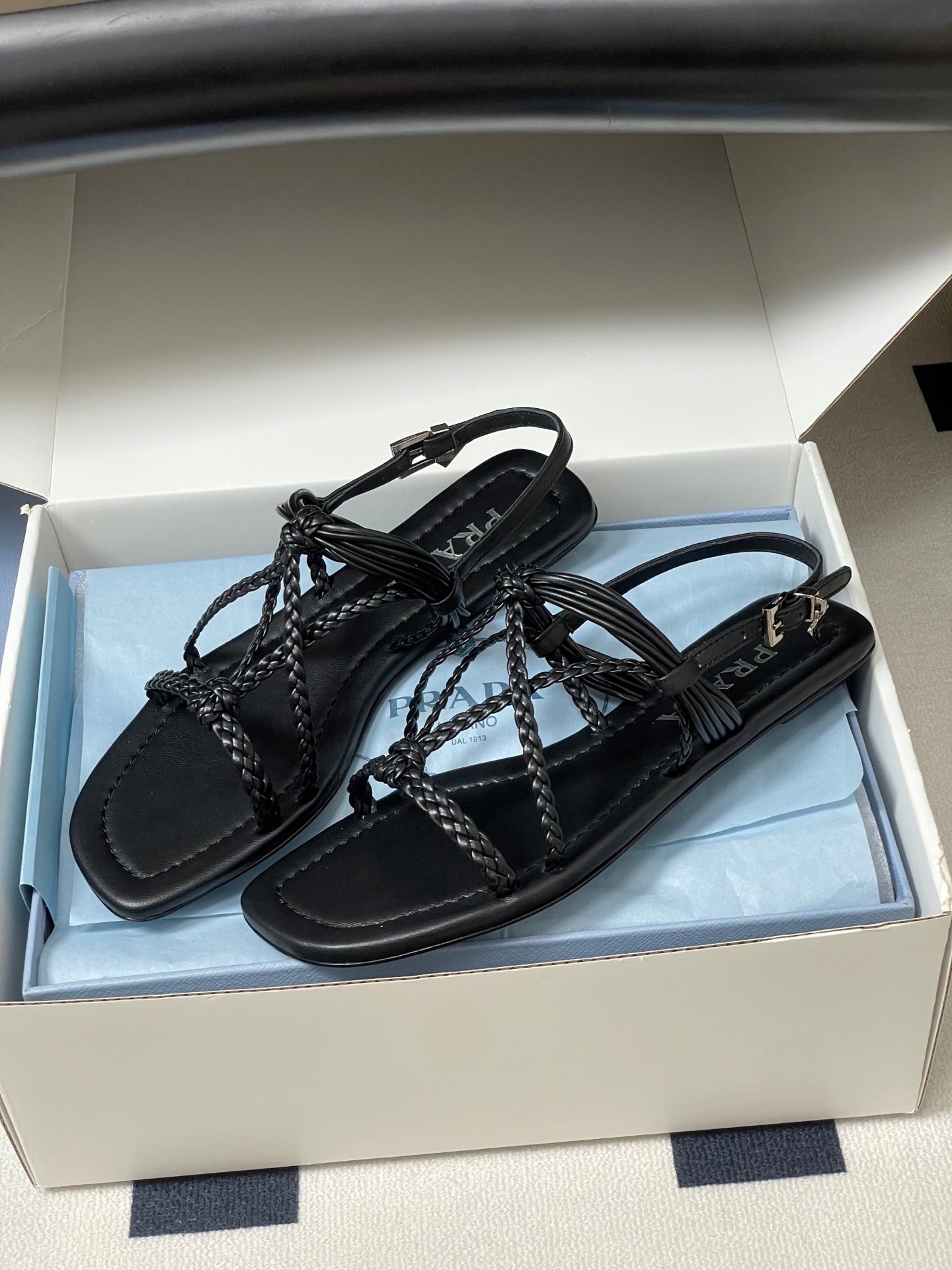 Prada Strappy Flat Sandals Black Sheepskin 834811