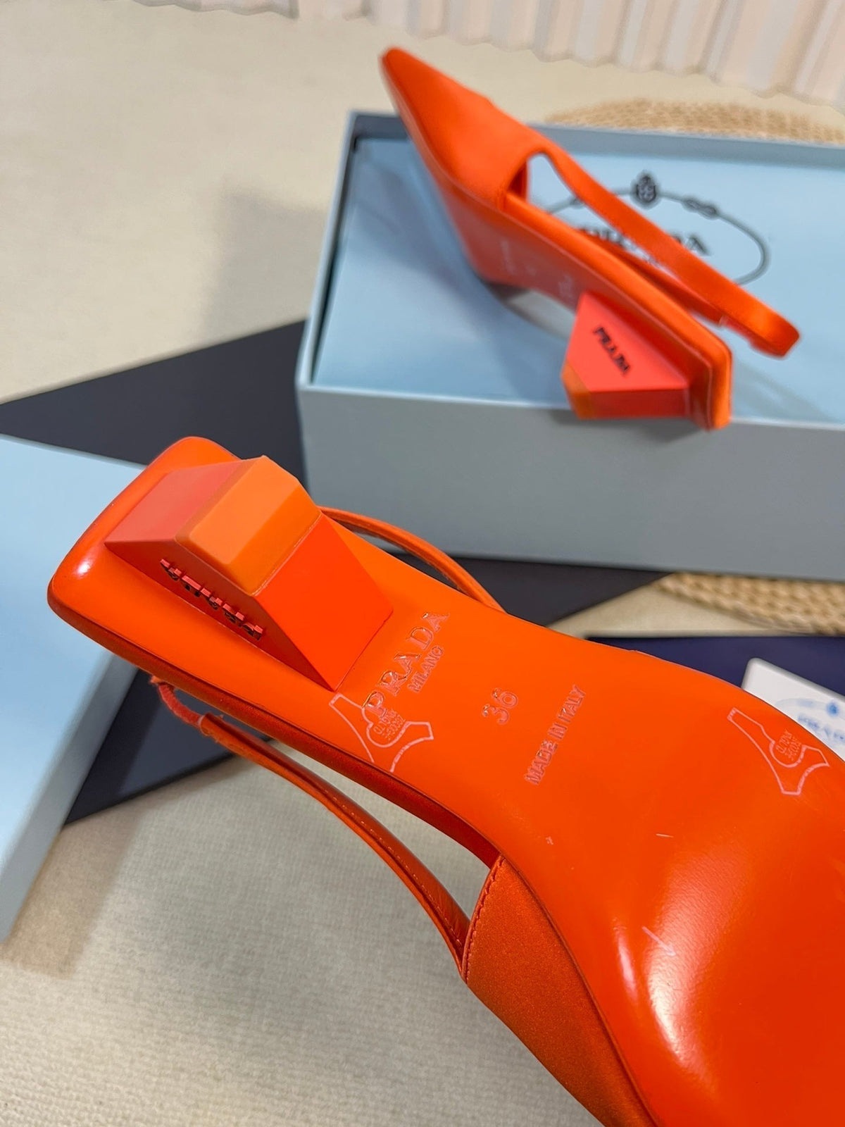 PRA SQUARE TOE SLINGBACK PUMPS BRIGHT ORANGE SATIN