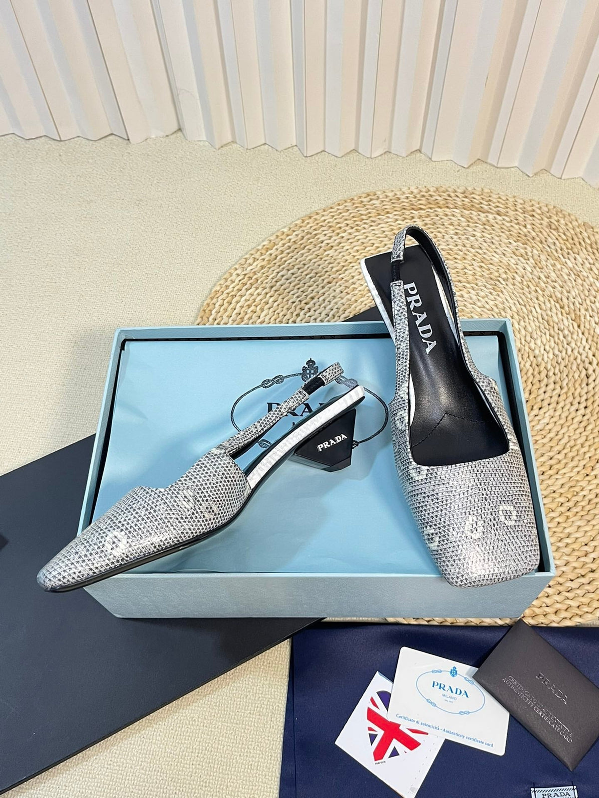 PRA SQUARE TOE SLINGBACK PUMPS PALE SNAKESKIN MOTIF SATIN
