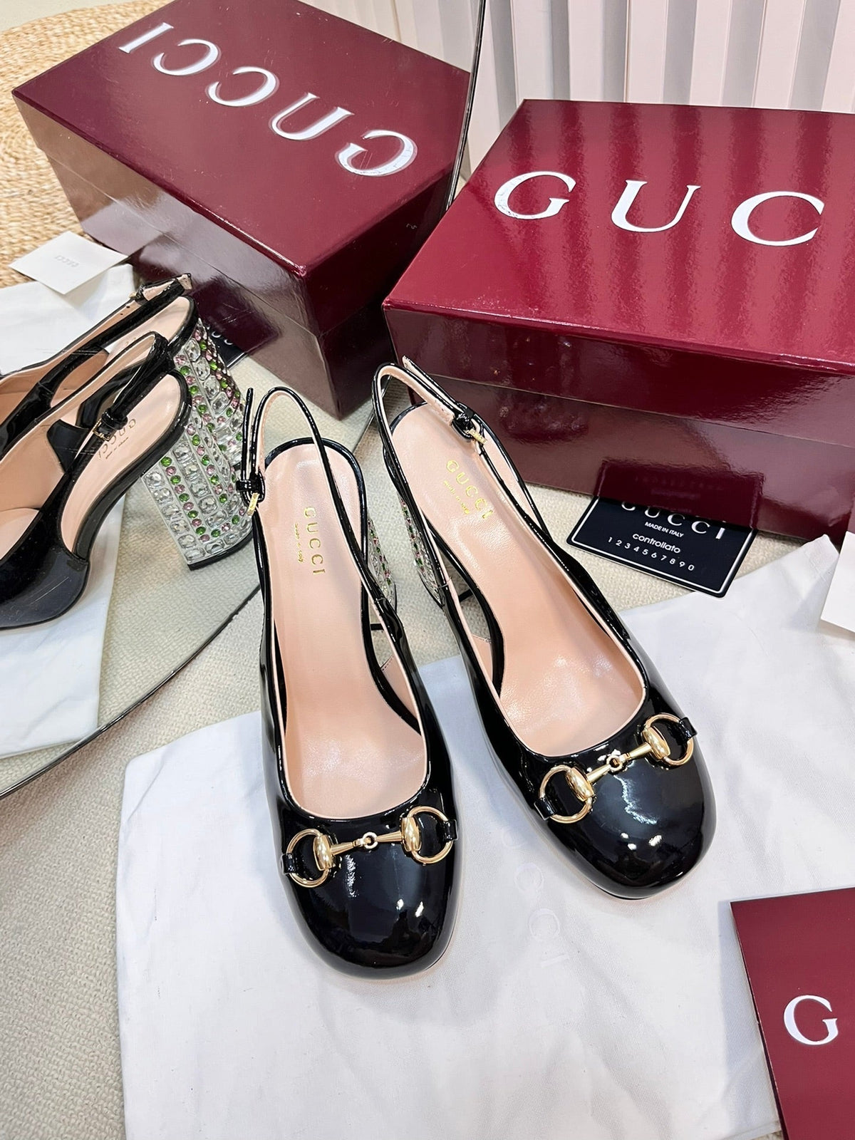 GC Horsebit Slingback with Crystal 95mm Black Patent Leather 294598