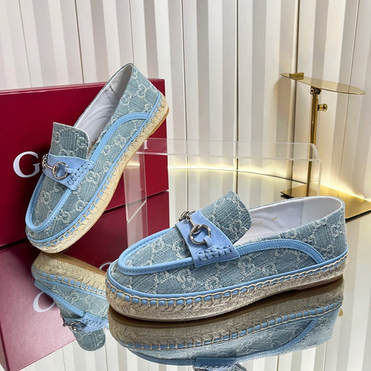 GG 26s Horsebit Espadrilles Flat Light Blue Canvas Suede 768176