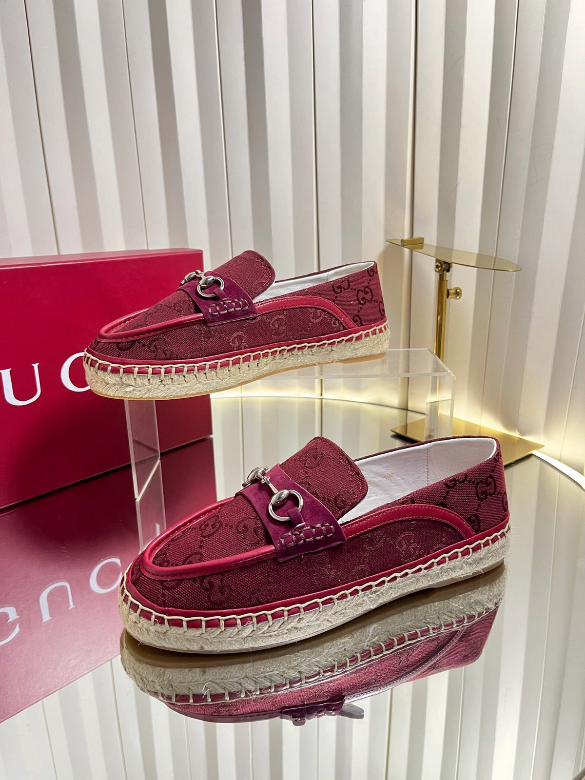 GG 26s Horsebit Espadrilles Flat Burgundy Canvas Suede 768177