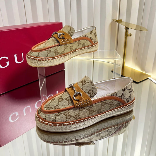 GG 26s Horsebit Espadrilles Flat Beige Brown Canvas Suede 768179