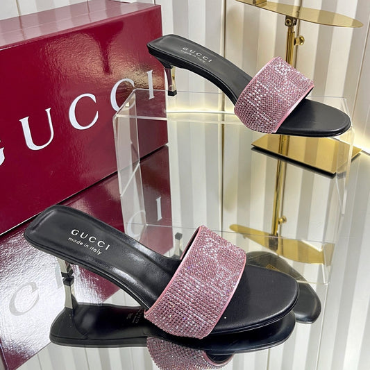 GG 26s Bombshell Crystal Sandal 5cm Black Pink Mesh Leather 768158