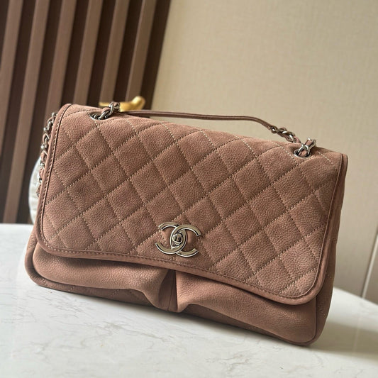 CC Double-Pocket Messenger Bag Brown Lambskin Quilted