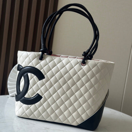 Chanel 25s Cambon Ligne Tote Bag 30cm In White Mix Black Calfskin