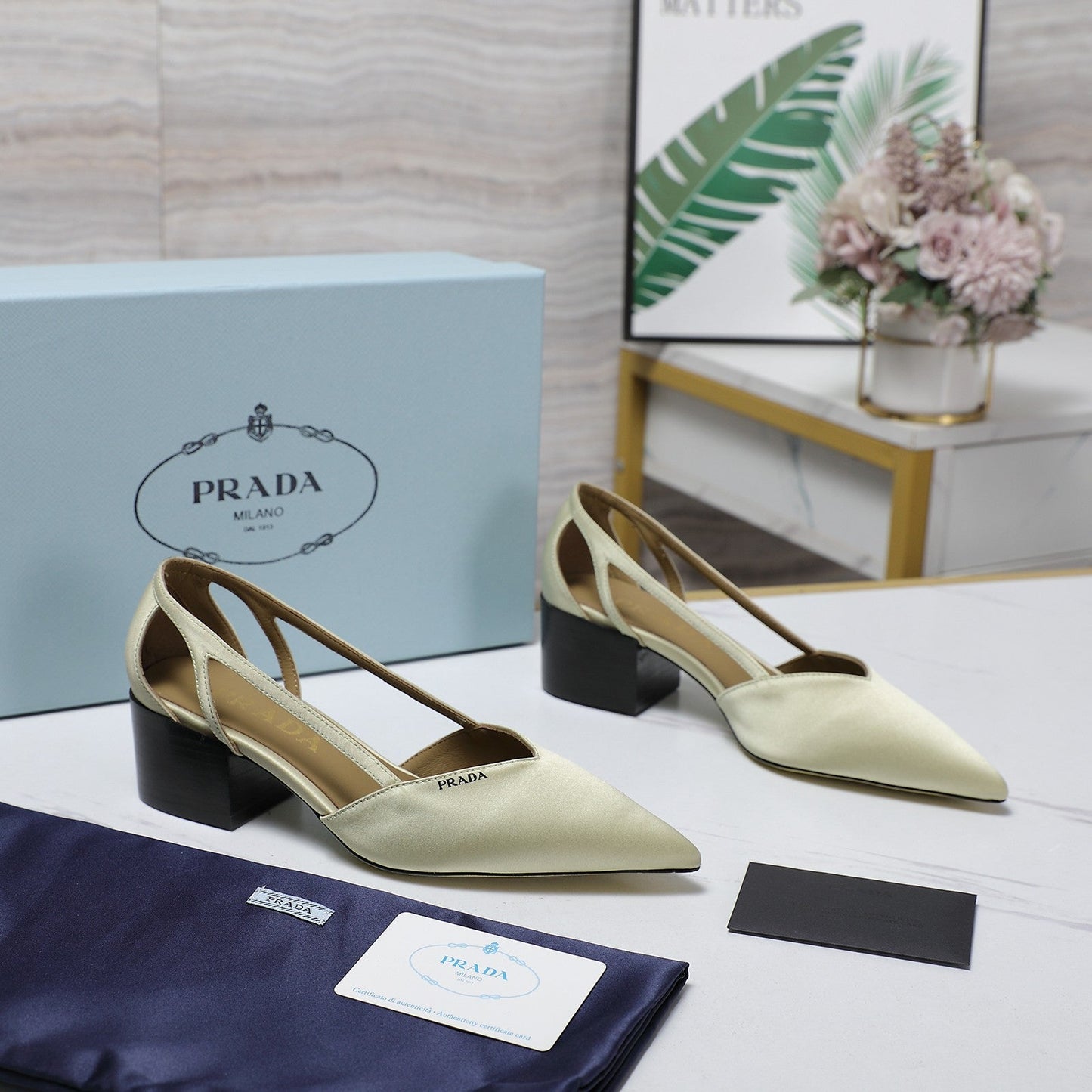Prada Cutout Satin Pointy-Toe Pump 50mm Off-White Satin 456275