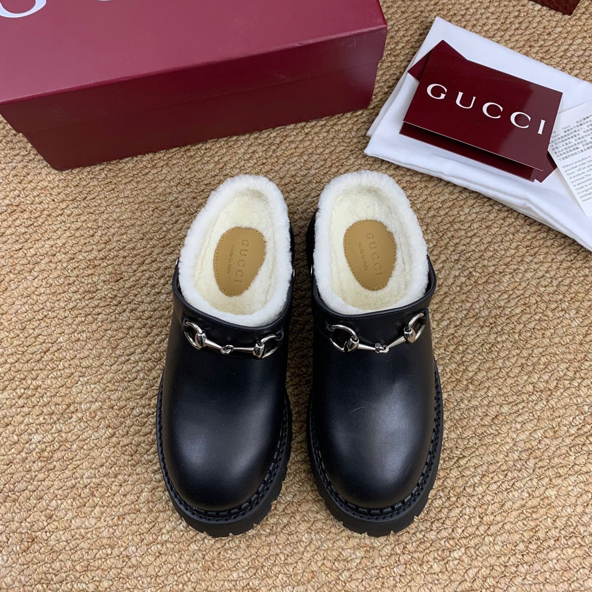 Gucci FW 25 Horsebit Suede Clog Black  Leather with Shearling 506443